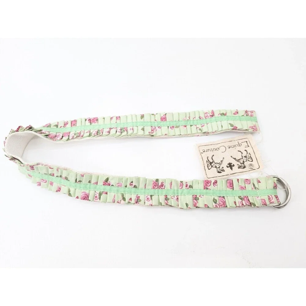 Equine Couture Green Floral Roses Ruffled Equestrian Canvas D-Ring Belt Medium
